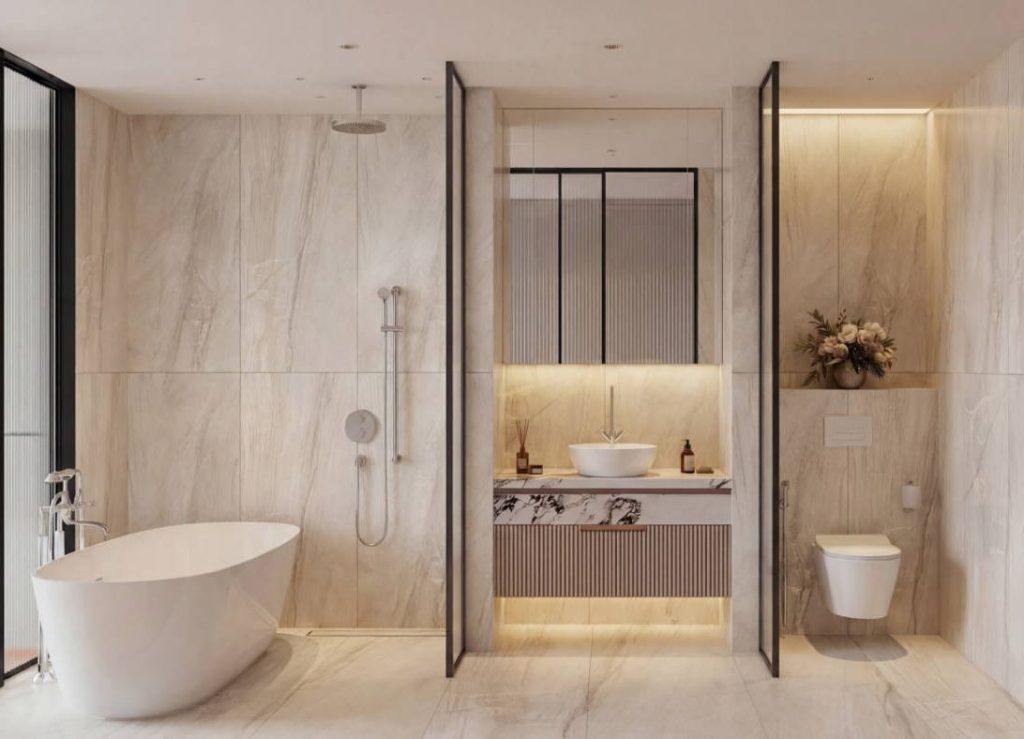 Phòng tắm master: bồn đặt sàn, đá ốp khổ lớn, bồn cầu treo tường - thiết bị Gessi/Axor/Villeroy & Boch