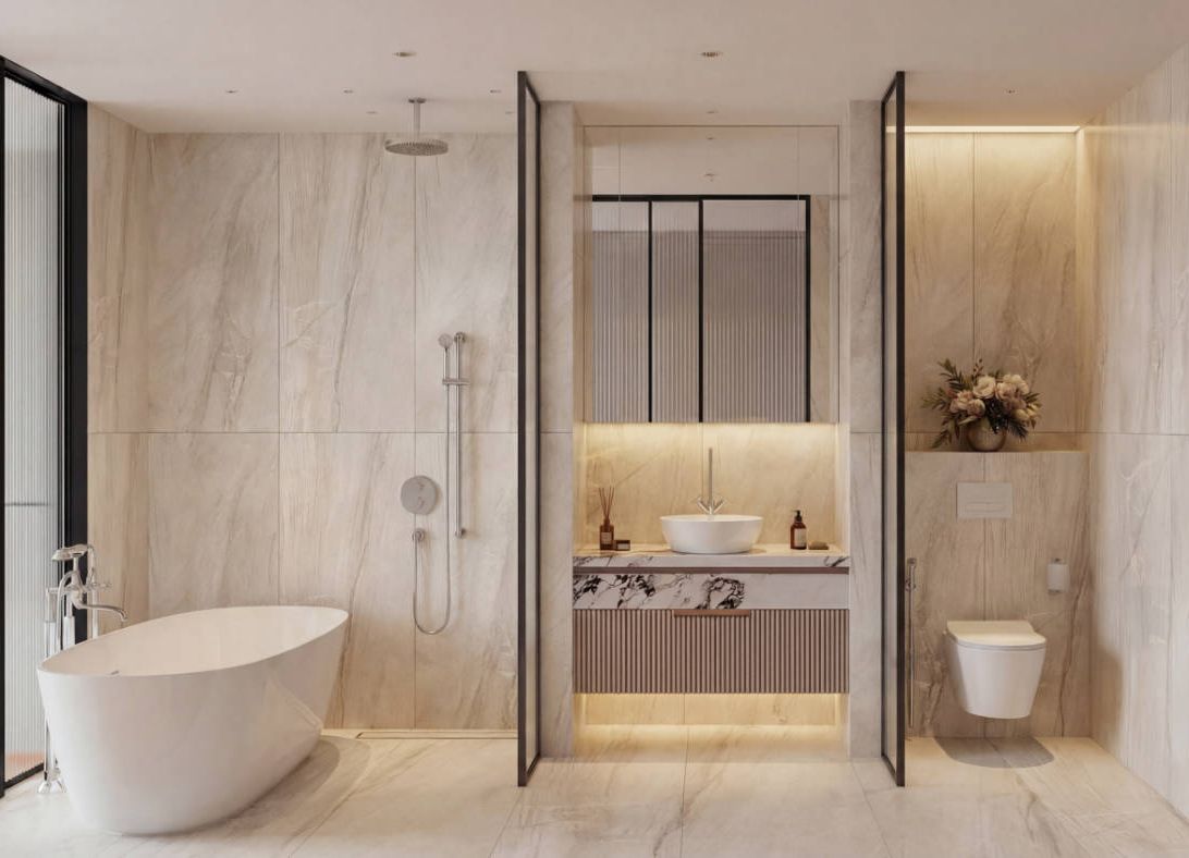 Phòng tắm master: bồn đặt sàn, đá ốp khổ lớn, bồn cầu treo tường - thiết bị Gessi/Axor/Villeroy & Boch