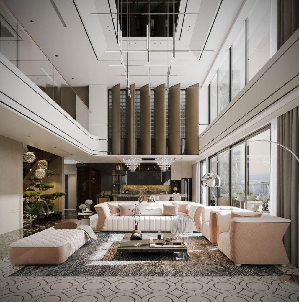Phòng khách Sky Villa thông tầng 2 tầng - vách kính kịch trần (minh họa từ tài liệu)