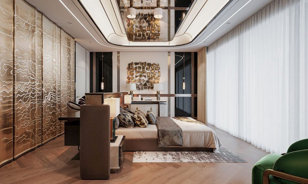 Phòng ngủ master concept Dubai - vách kim loại vân vàng đồng, đá marble (minh họa)