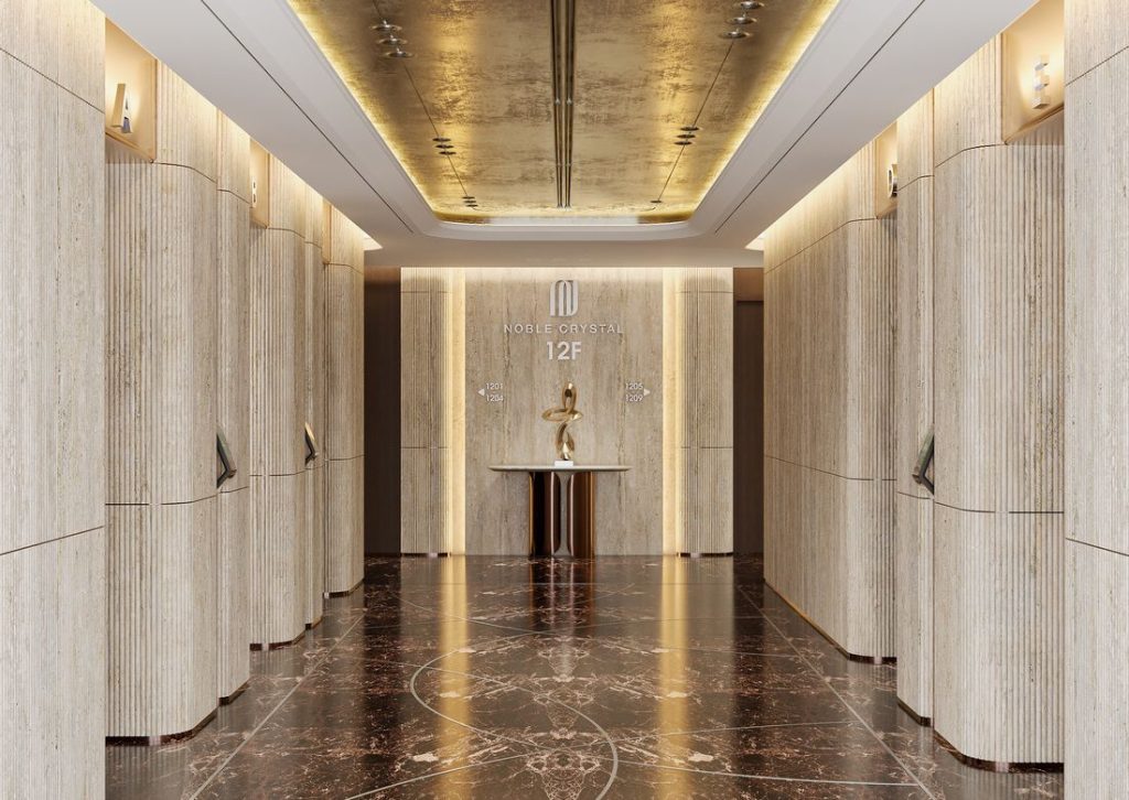 Sảnh thang tầng phong cách Travertine phay rãnh - phương án vật liệu thứ hai