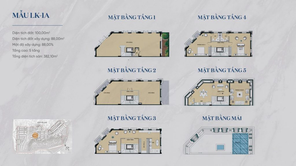 Mẫu LK-1A: đất 100m², 5 tầng, tổng sàn 382,10m²