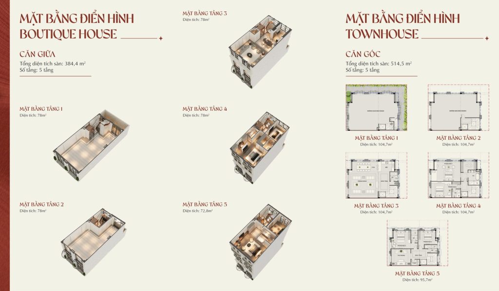 Mặt bằng điển hình Boutique House (căn giữa, 384,4m²) và Townhouse (căn góc, 514,5m²)