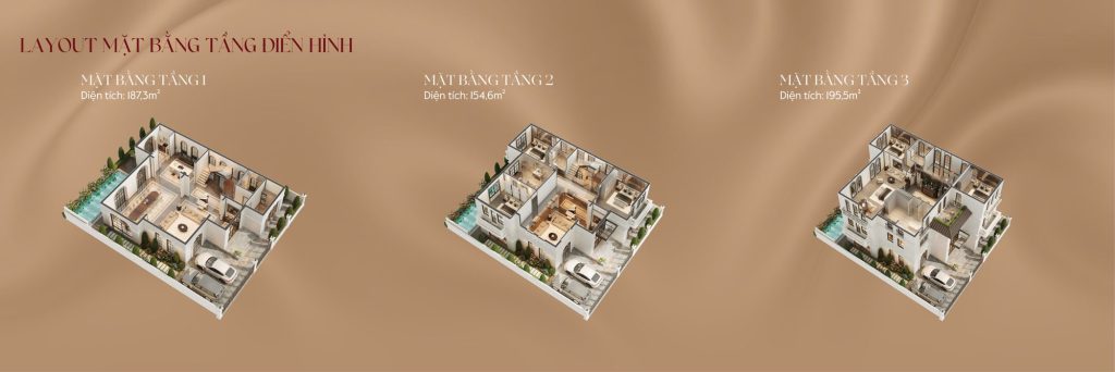 Mặt bằng tầng điển hình Island Mansion: tầng 1 187,3m², tầng 2 154,6m², tầng 3 195,5m²