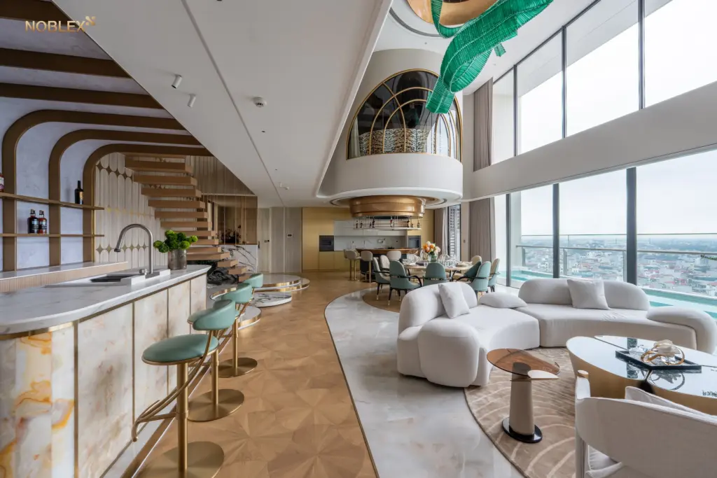 Sảnh thang tầng phong cách Travertine phay rãnh - phương án vật liệu thứ hai